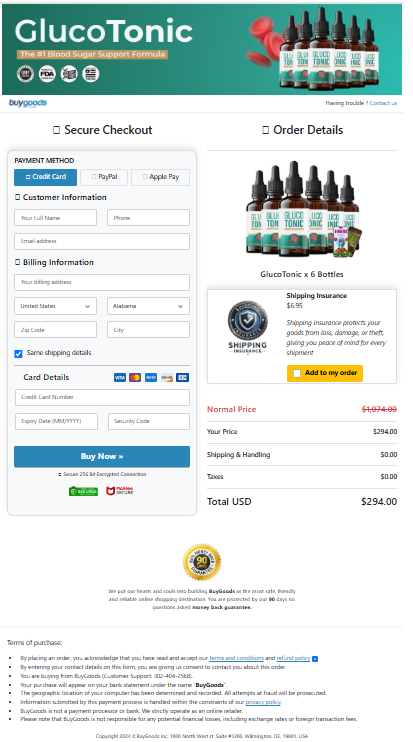 GlucoTonic Secured order page